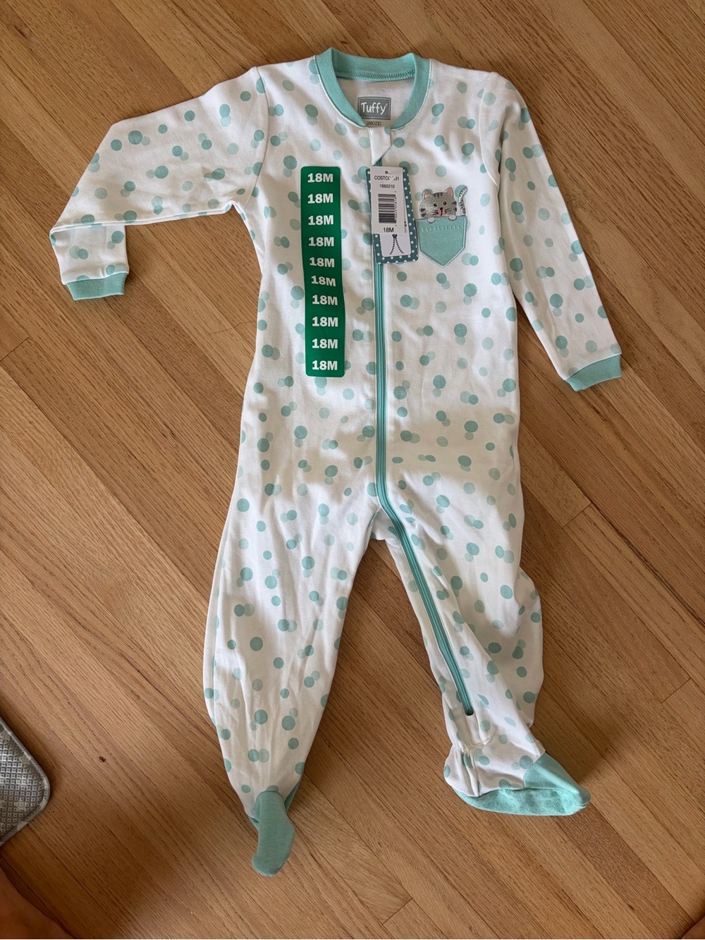 Tuffy Mint Polka-Dot Zip One-Piece Footie (18M)